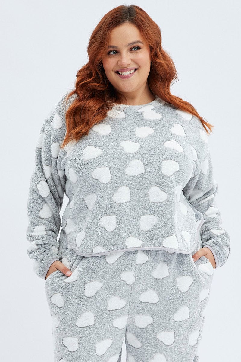 Grey Print Fluffy Pj Heart Print Cosy Pyjama Set You All