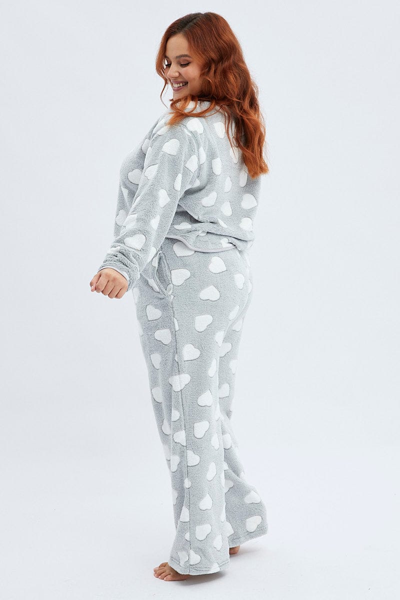 Grey Print Fluffy PJ Heart Print Cosy Pyjama Set for YouandAll Fashion