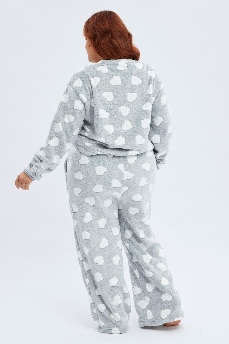 Grey Print Fluffy PJ Heart Print Cosy Pyjama Set for YouandAll Fashion