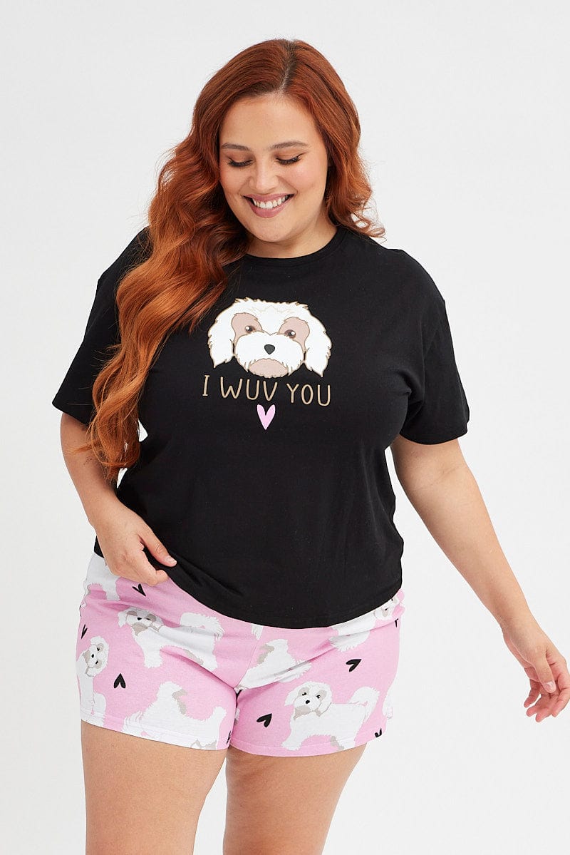 Black Print Graphic Pj Dog and Hearts Jersey Pyjama Set for YouandAll Fashion