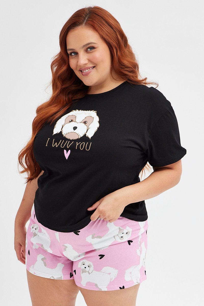 Black Print Graphic Pj Dog and Hearts Jersey Pyjama Set for YouandAll Fashion