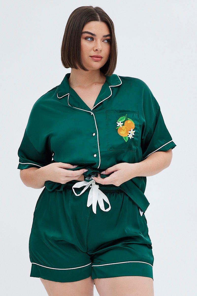 Spring Pjs Green Green Satin Pj Set Contrast Piping Embroidery Pyjama | You & All