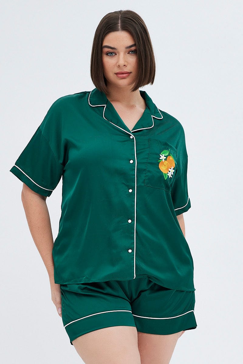 Spring Pjs Green Green Satin Pj Set Contrast Piping Embroidery Pyjama | You & All