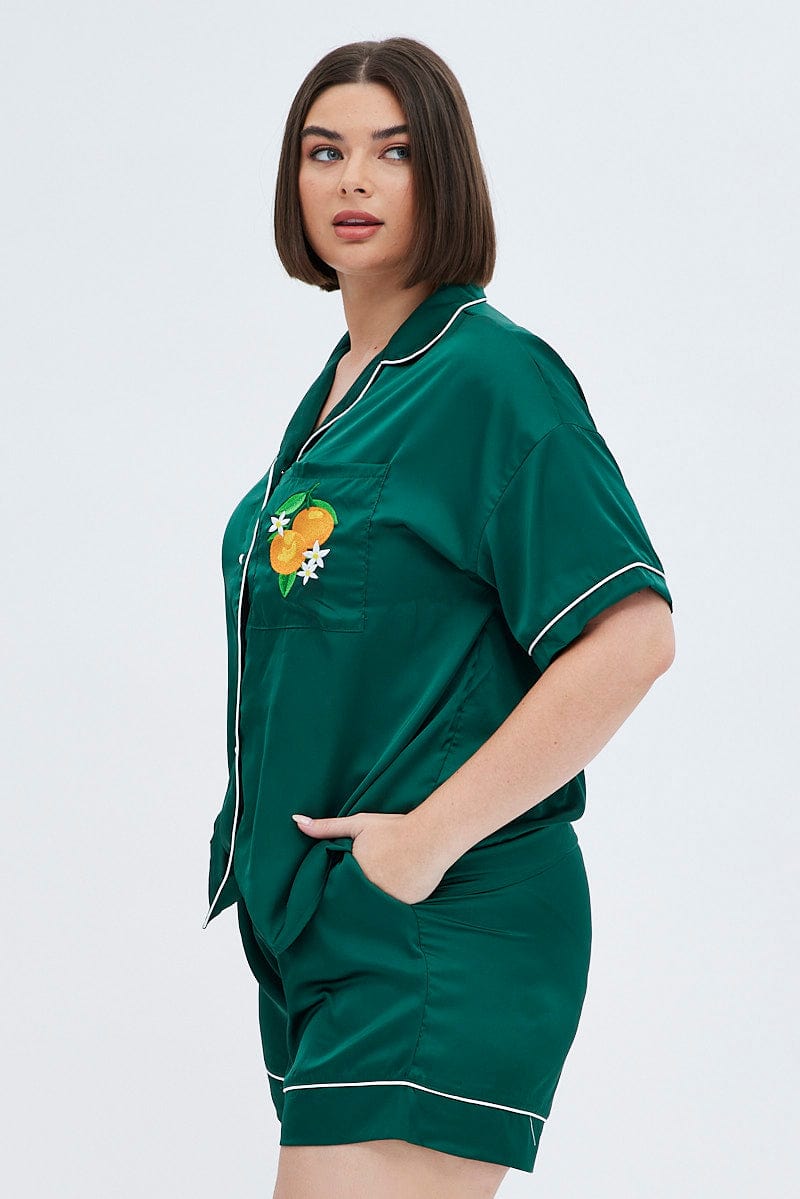 Spring Pjs Green Green Satin Pj Set Contrast Piping Embroidery Pyjama | You & All