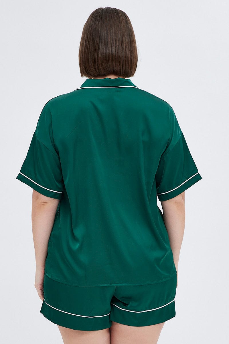 Spring Pjs Green Green Satin Pj Set Contrast Piping Embroidery Pyjama | You & All