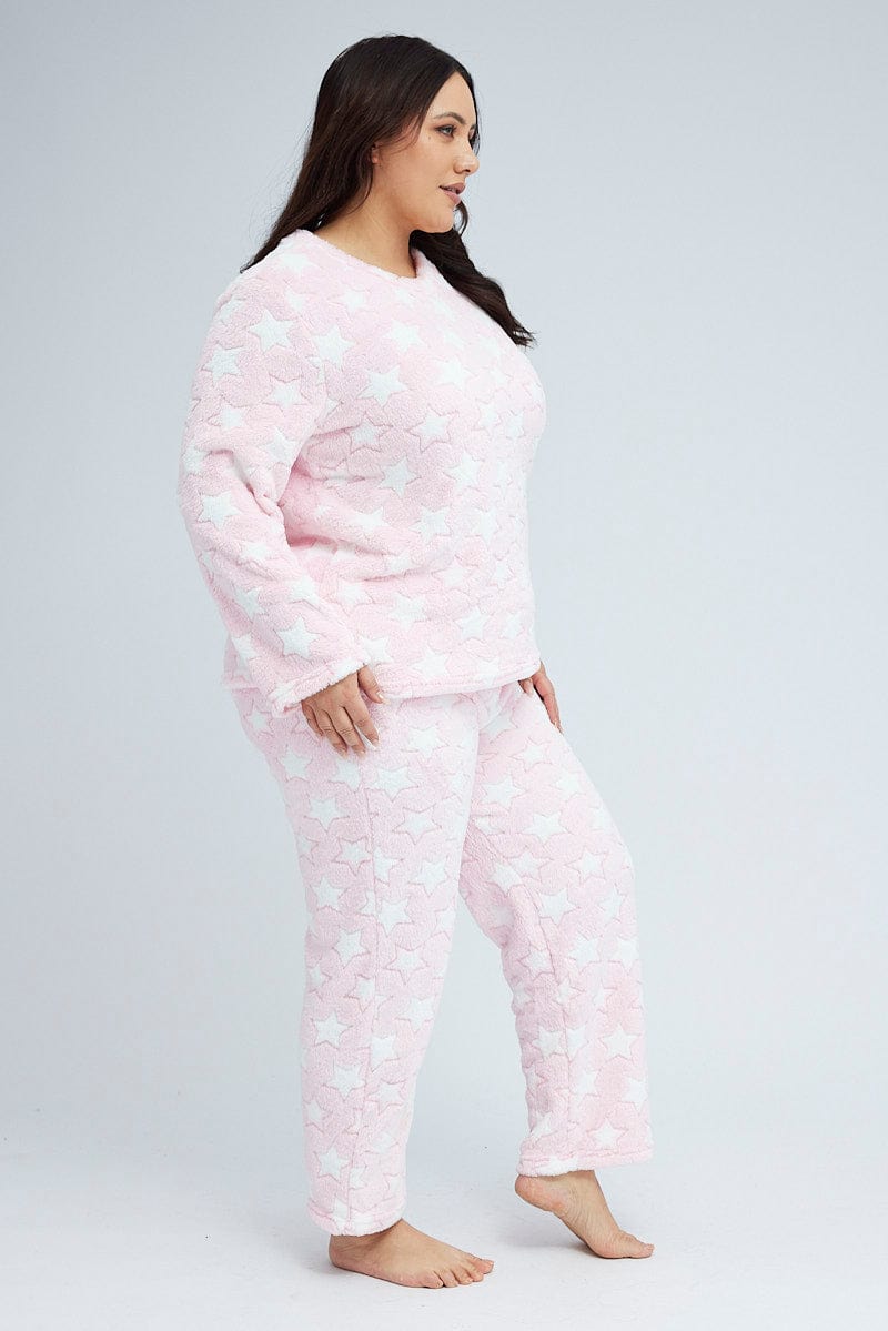 Pink Print Fluffy Fleece Star Print Pj Two Piece Pyjama Set for YouandAll Fashion