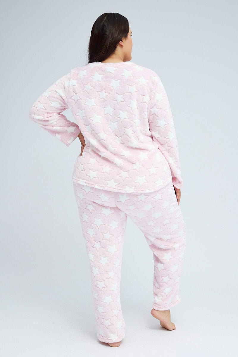 Pink Print Fluffy Fleece Star Print Pj Two Piece Pyjama Set for YouandAll Fashion