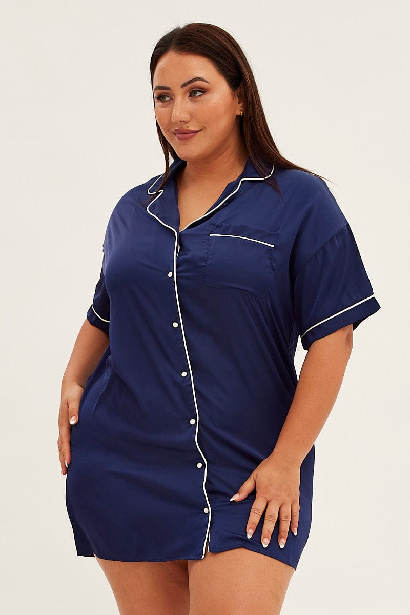 Blue Nightie Short Sleeve Collared Mini Satin for YouandAll Fashion