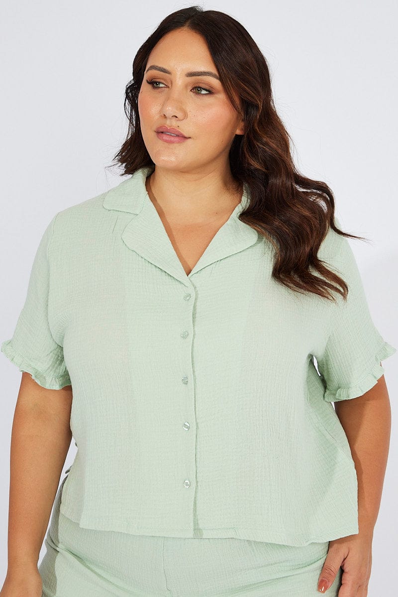 Green Ruffle PJ Button Through Textured Pyjama Set for YouandAll Fashion