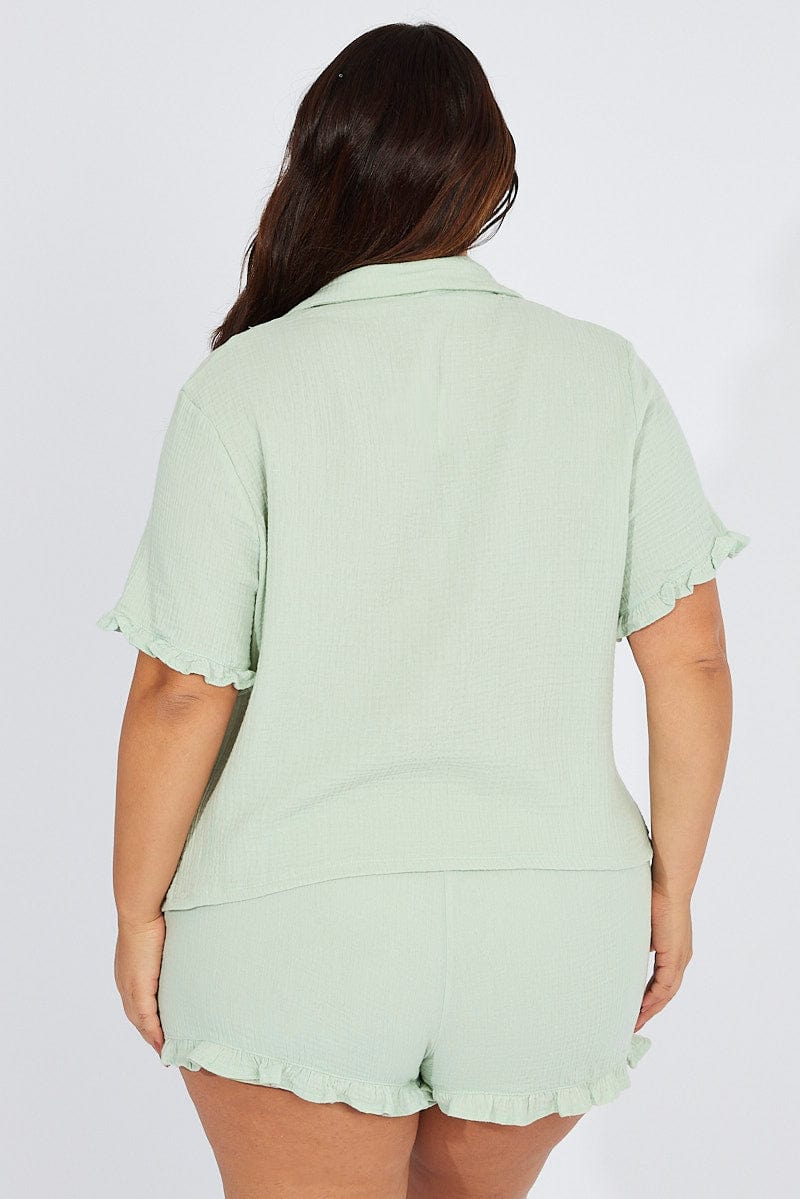 Green Ruffle PJ Button Through Textured Pyjama Set for YouandAll Fashion