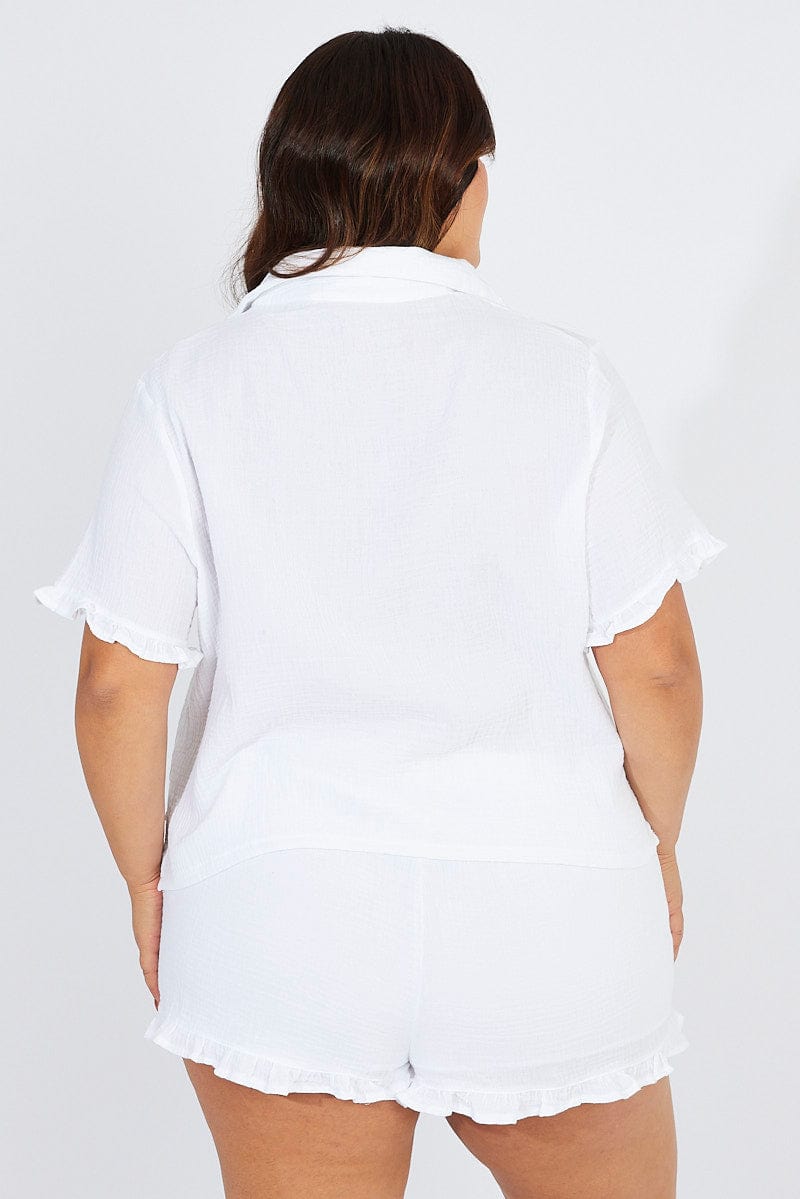 White Ruffle PJ Button Through Textured Pyjama Set for YouandAll Fashion