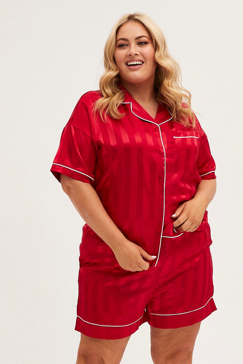 RED STRIPE Pyjamas Set Short Sleeve Collared Shorts Satin