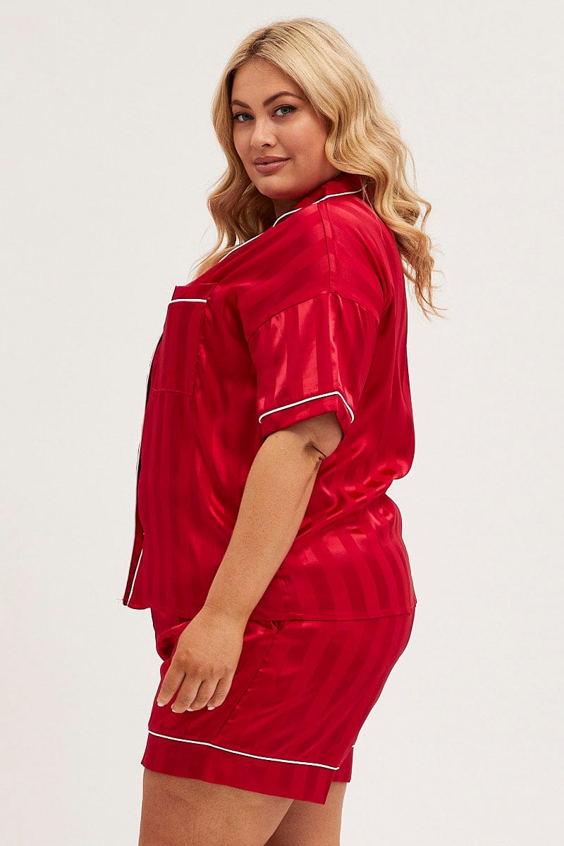 RED STRIPE Pyjamas Set Short Sleeve Collared Shorts Satin