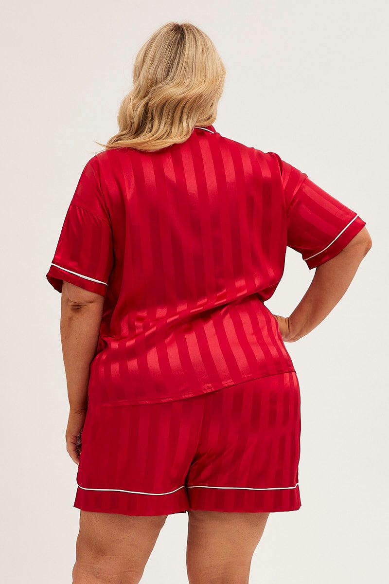 RED STRIPE Pyjamas Set Short Sleeve Collared Shorts Satin