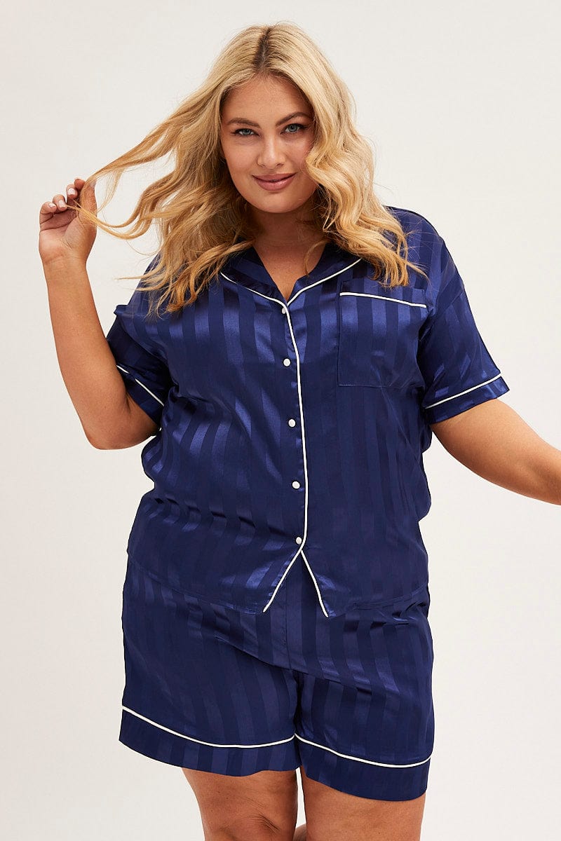 BLUE STRIPE Pyjamas Set Short Sleeve Collared Shorts Satin