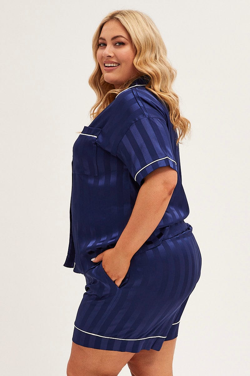 BLUE STRIPE Pyjamas Set Short Sleeve Collared Shorts Satin