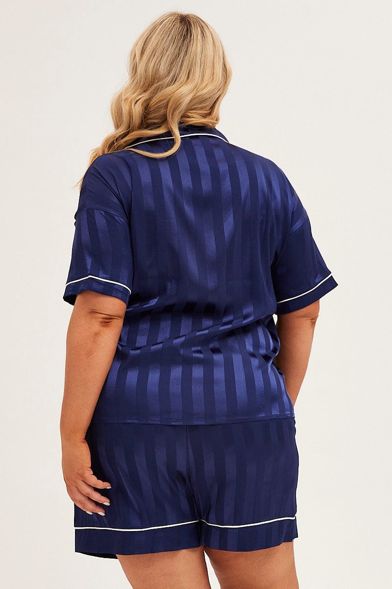 BLUE STRIPE Pyjamas Set Short Sleeve Collared Shorts Satin