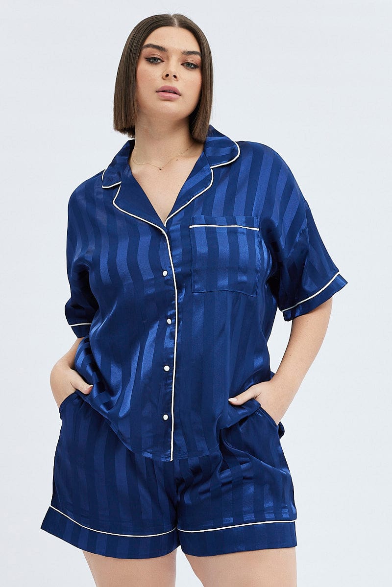 Blue Satin PJ Contrast Piping Stripe Pyjama Set for YouandAll Fashion
