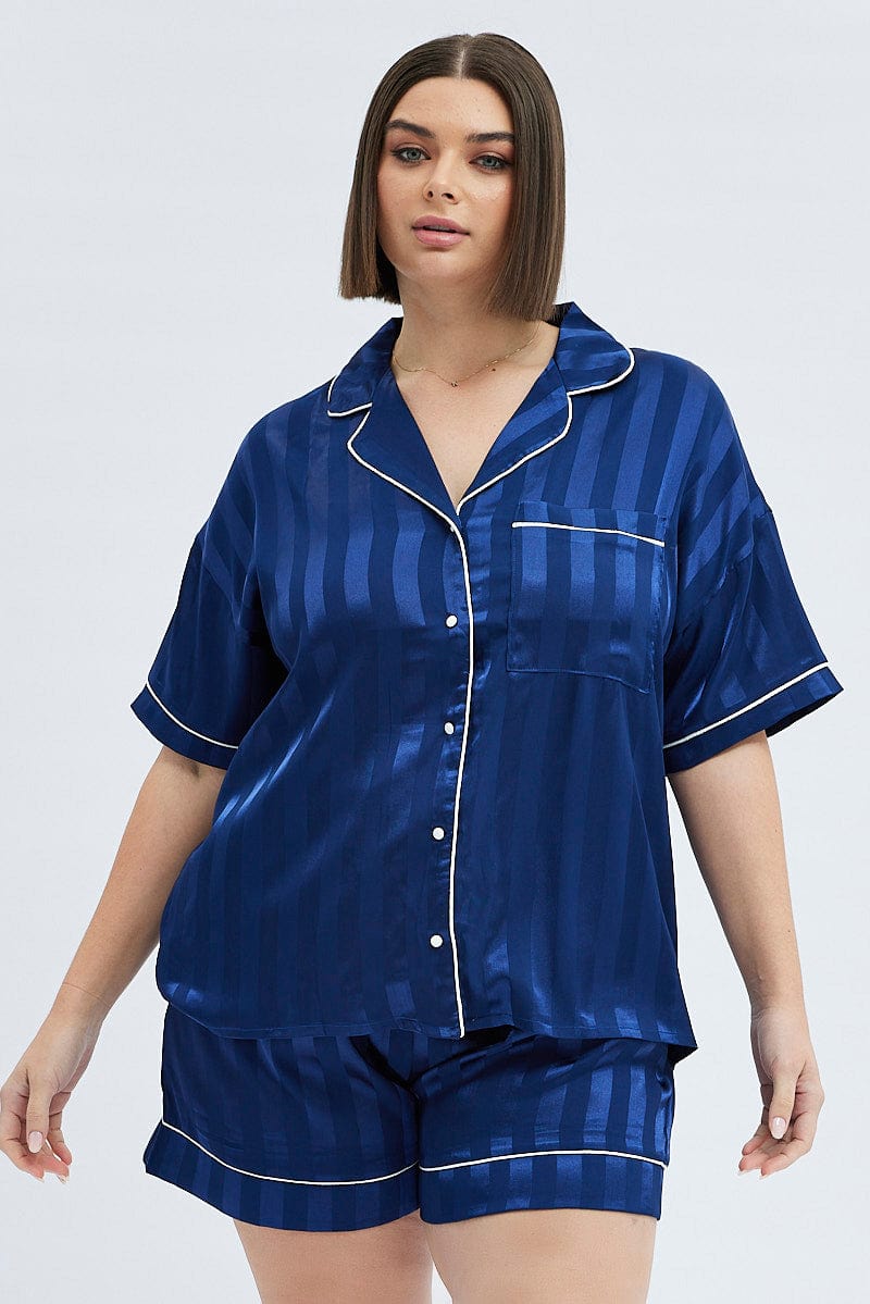 Blue Satin PJ Contrast Piping Stripe Pyjama Set for YouandAll Fashion