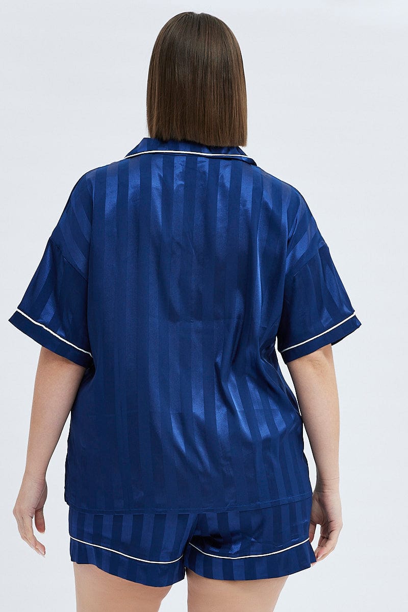 Blue Satin PJ Contrast Piping Stripe Pyjama Set for YouandAll Fashion