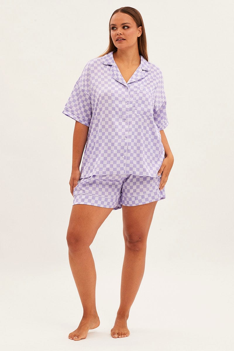 Print Check Short Sleeve Top And Short Satin Pj Set for YouandAll Fashion