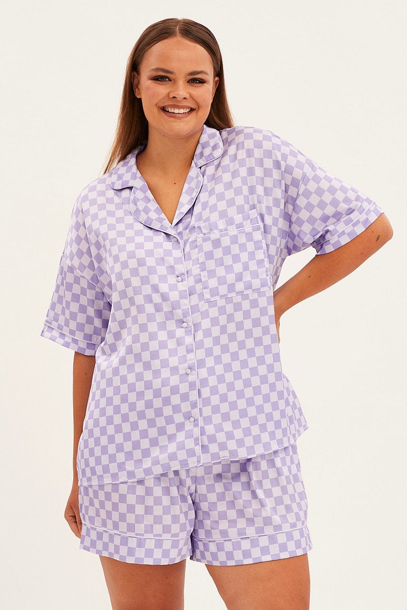 Print Check Short Sleeve Top And Short Satin Pj Set for YouandAll Fashion