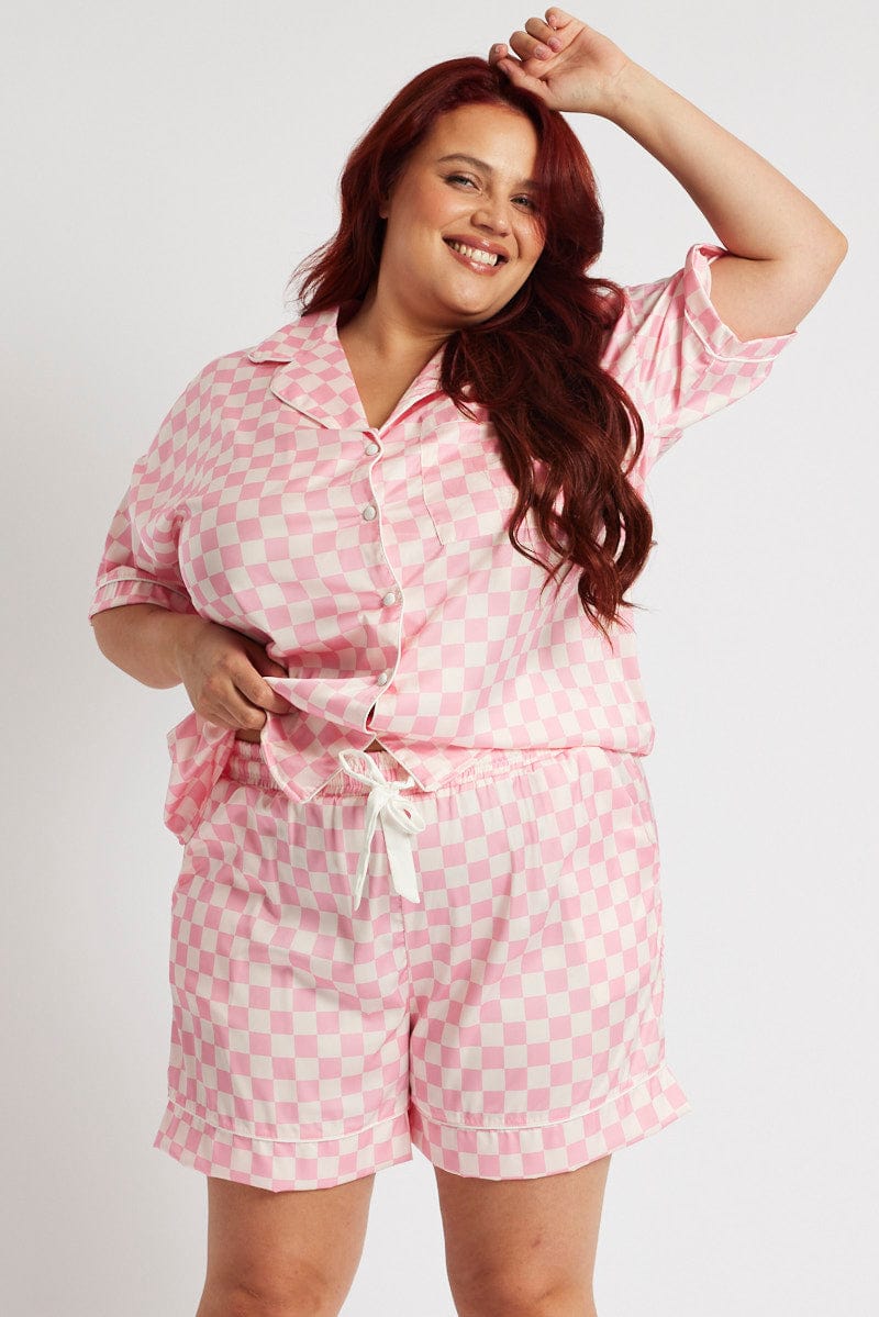 Pink Check Satin Pyjama Check Pj Two Piece PJ Set for YouandAll Fashion