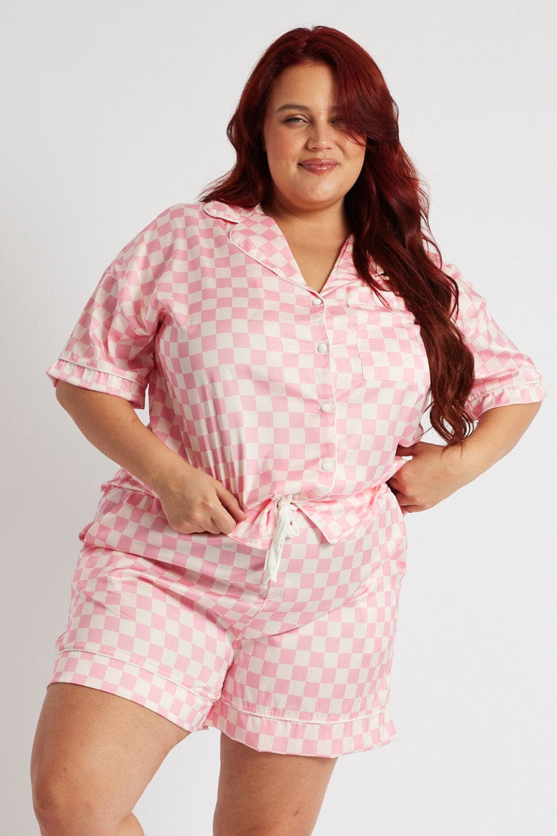 Pink Check Satin Pyjama Check Pj Two Piece PJ Set for YouandAll Fashion