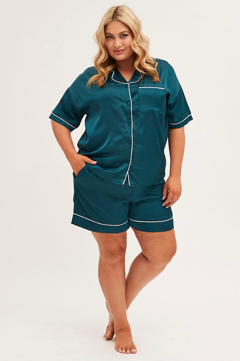 Green Pyjamas Set Short Sleeve Collared Shorts Satin