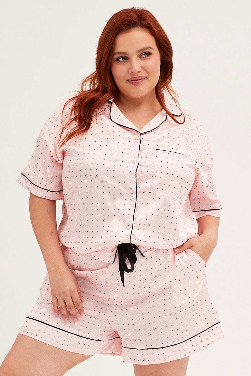 Pink Polka Dot Pyjamas Set Short Sleeve Collared Shorts Satin