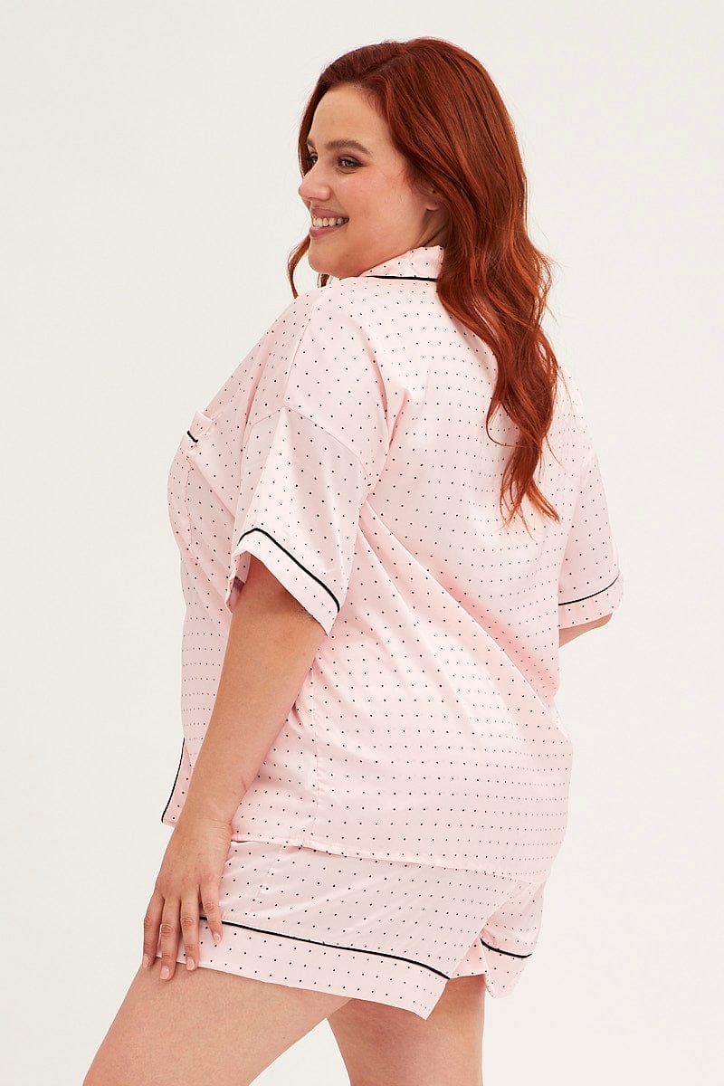 Pink Polka Dot Pyjamas Set Short Sleeve Collared Shorts Satin