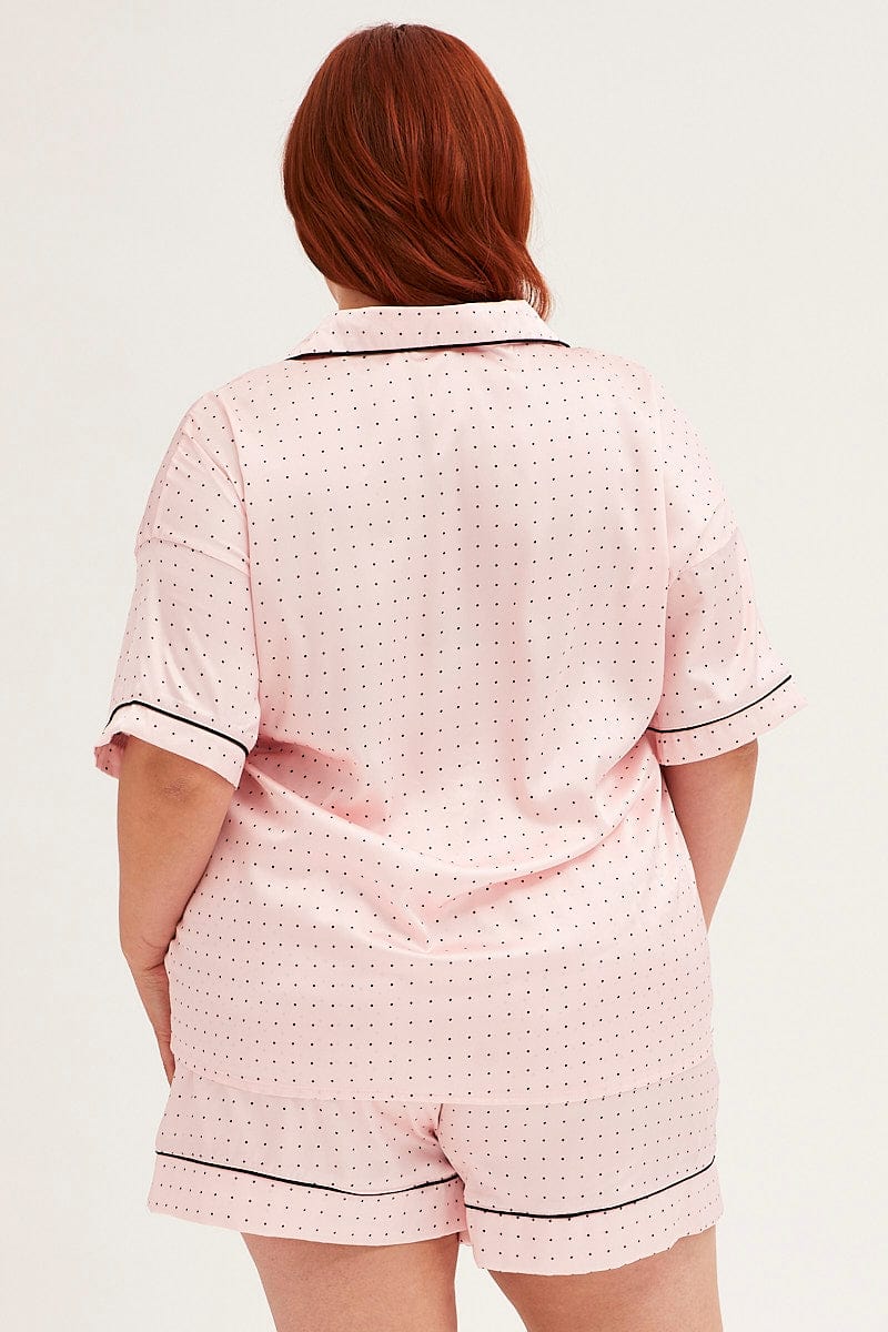 Pink Polka Dot Pyjamas Set Short Sleeve Collared Shorts Satin