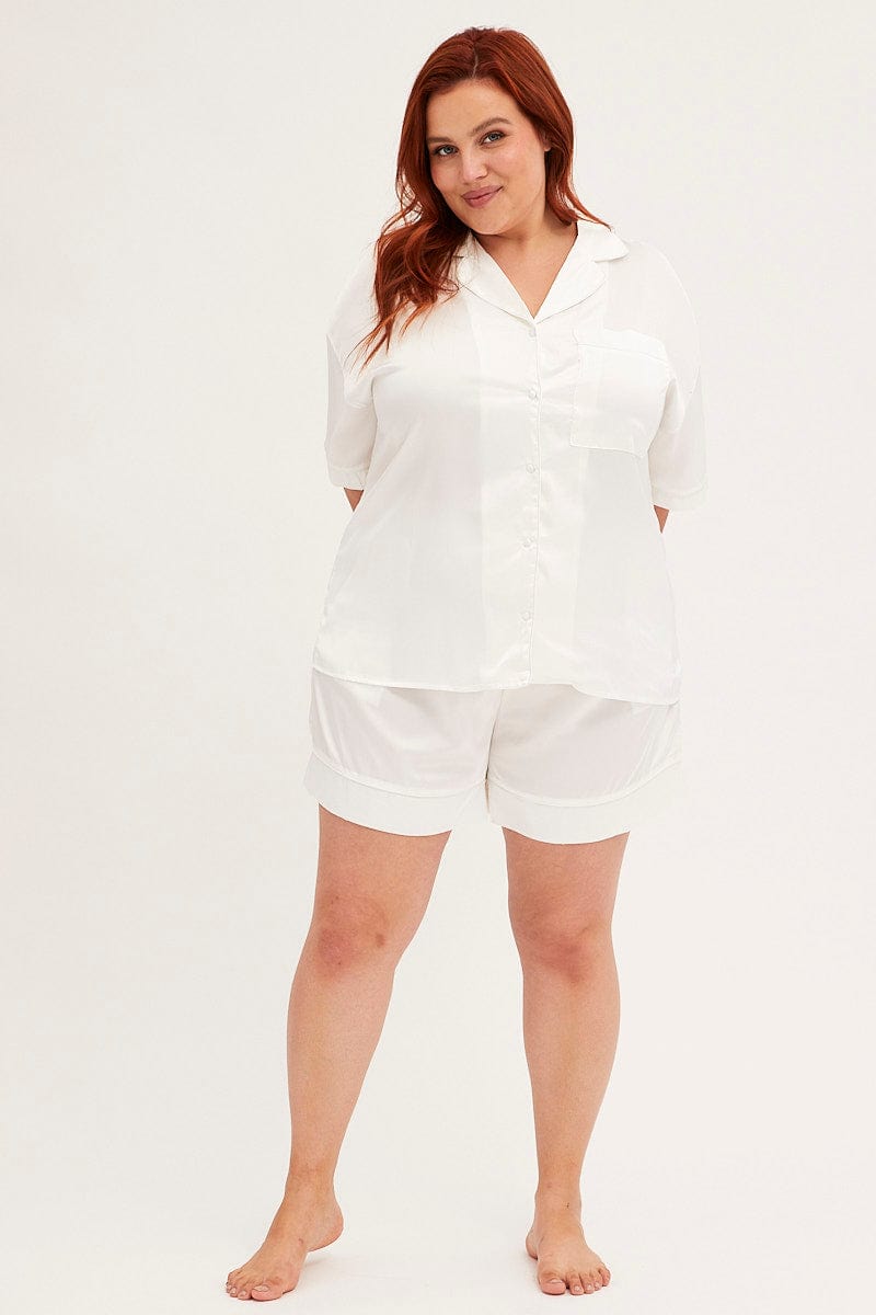 WHITE Pyjamas Set Short Sleeve Collared Shorts Satin