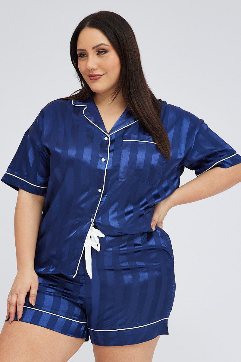 Blue Pyjama Set Stripe Satin Jacquard Piping Pj for YouandAll Fashion