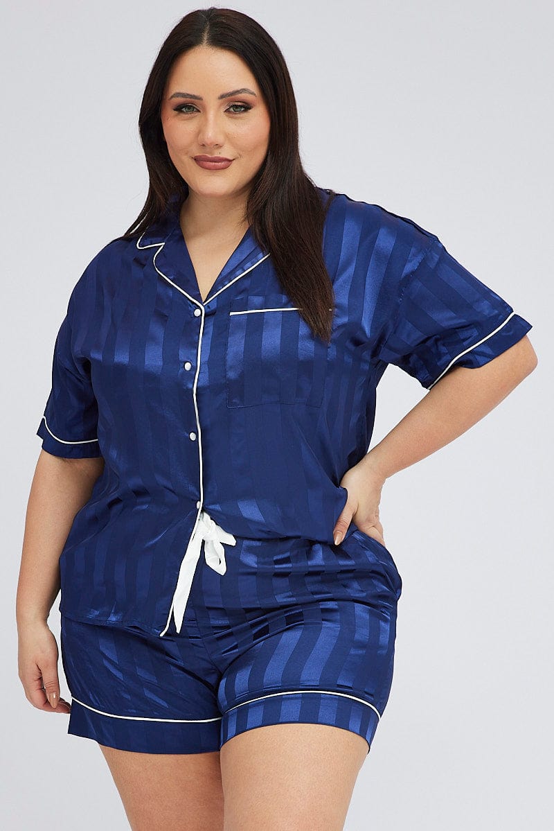 Blue Pyjama Set Stripe Satin Jacquard Piping Pj for YouandAll Fashion