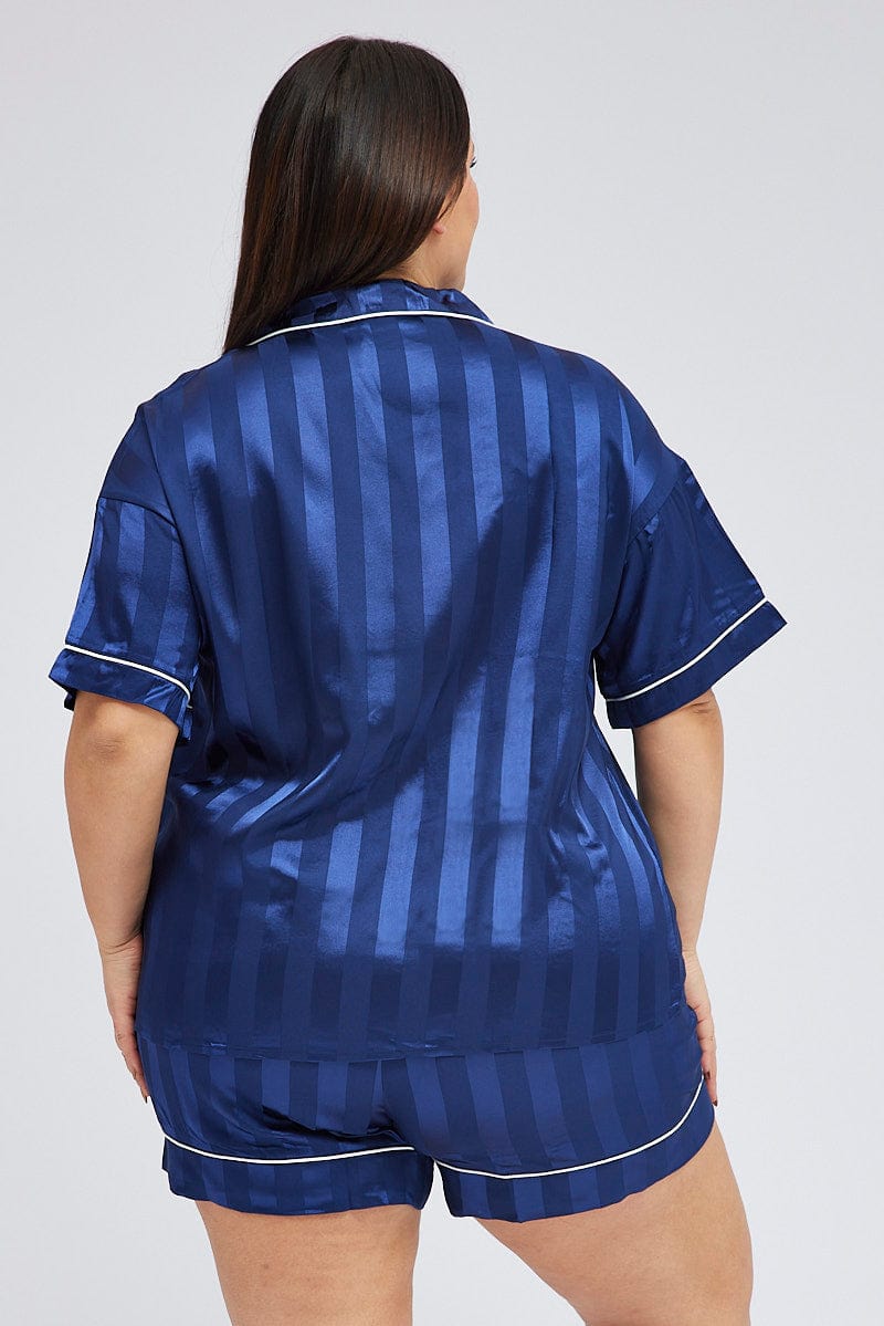 Blue Pyjama Set Stripe Satin Jacquard Piping Pj for YouandAll Fashion