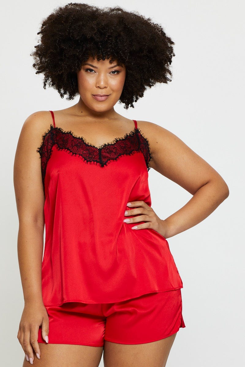 Red V-Neck Lace Trim Sleeveless Satin For Women By You And All