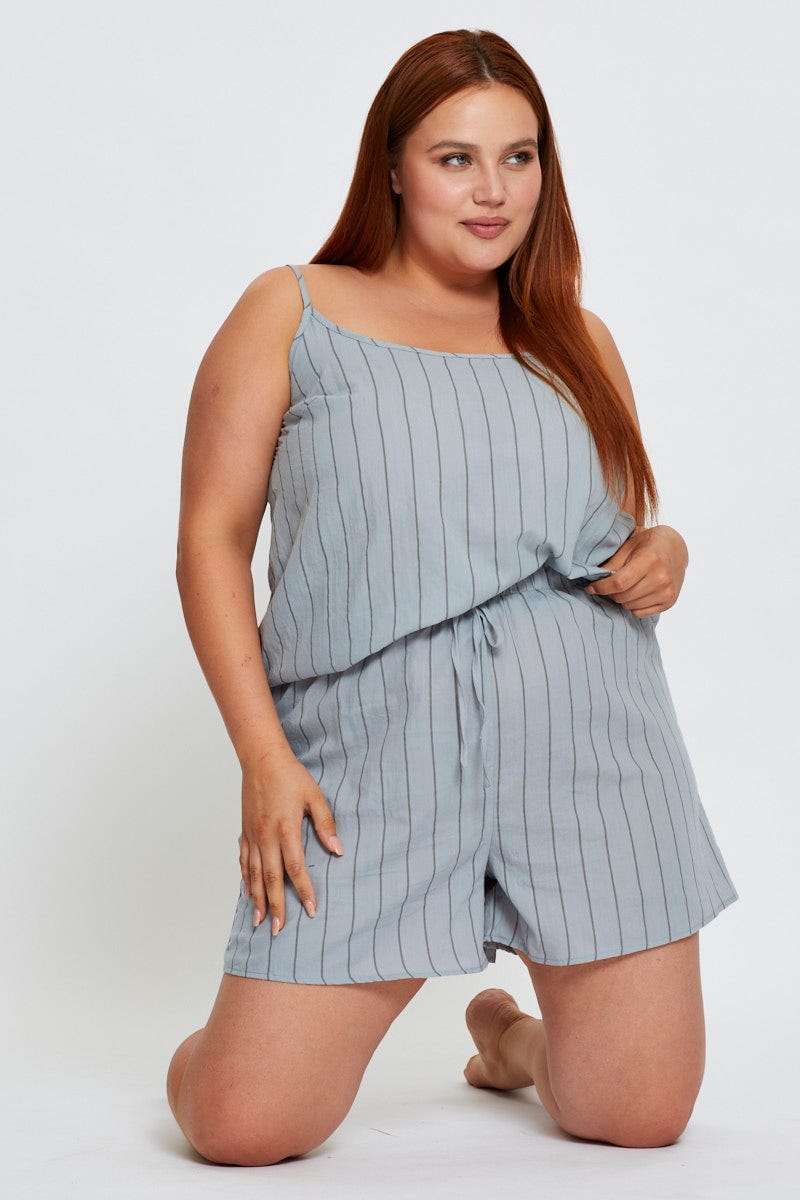 Blue Pajama Set Sleeveless Stripe Cami Top & Short For Women By You And All