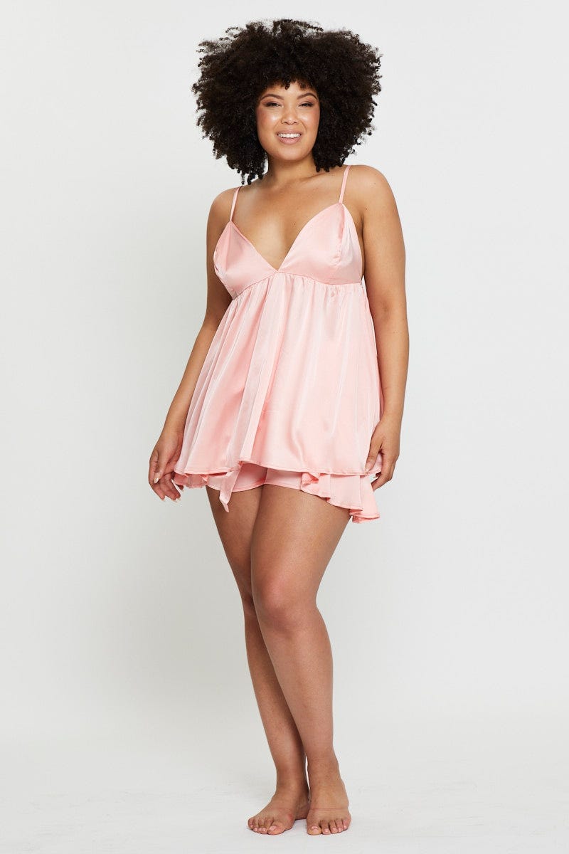 Plus Size Pink Satin Babydoll Top Short Pyjama Set Short You