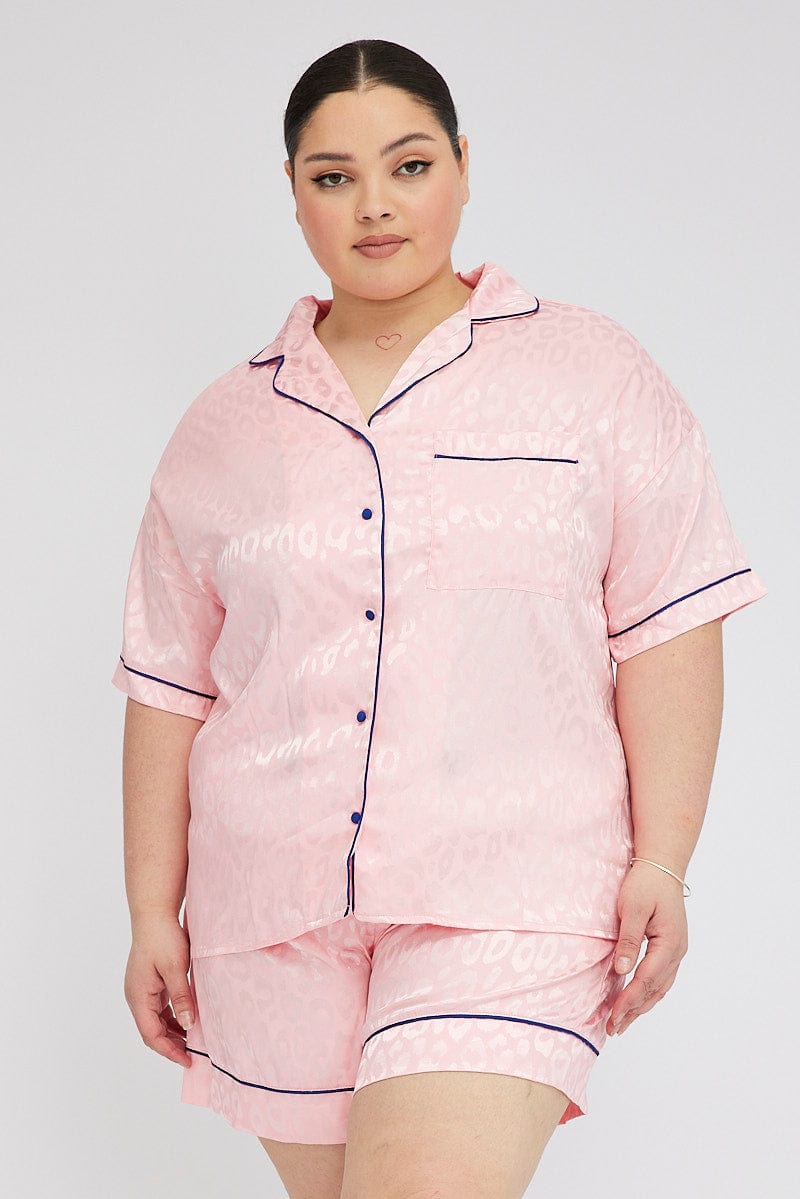 Pink Pyjama Set Satin Leopard Jacquard Piping Pj for YouandAll Fashion