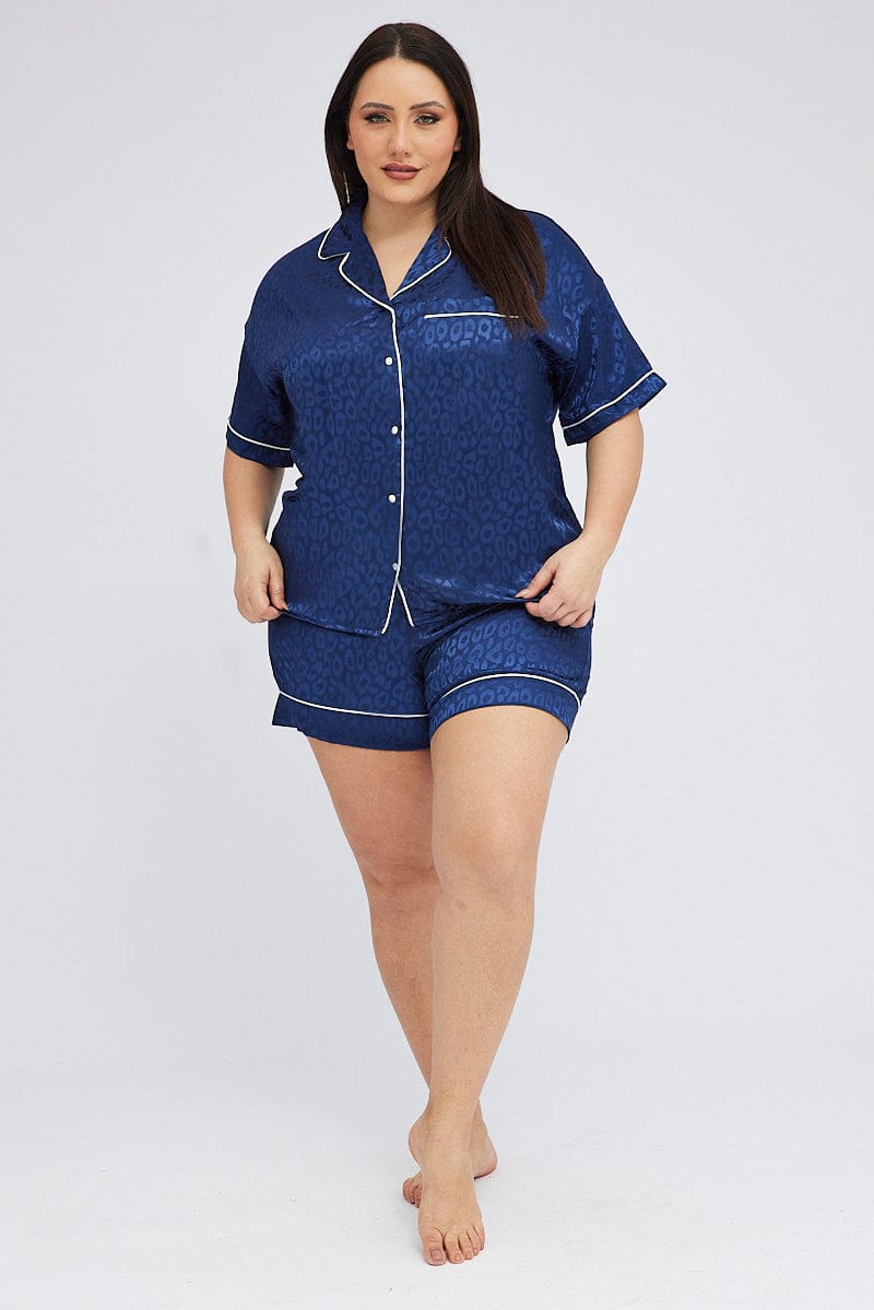 Blue Animal Print Pyjama Set Satin Jacquard Leopard Piping Pj for YouandAll Fashion