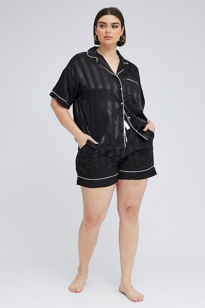 Black Stripe Pyjama Set Satin Jacquard Stripe Piping Pj for YouandAll Fashion