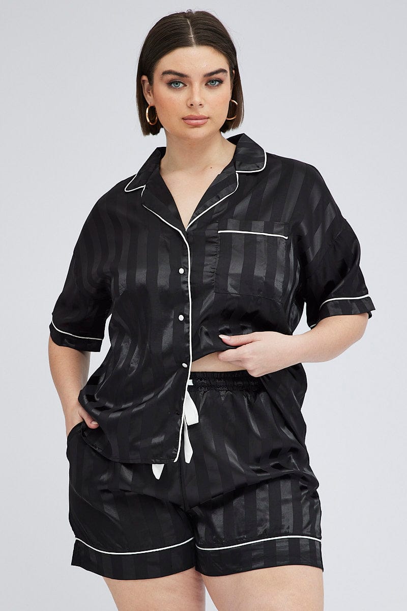 Black Stripe Pyjama Set Satin Jacquard Stripe Piping Pj for YouandAll Fashion