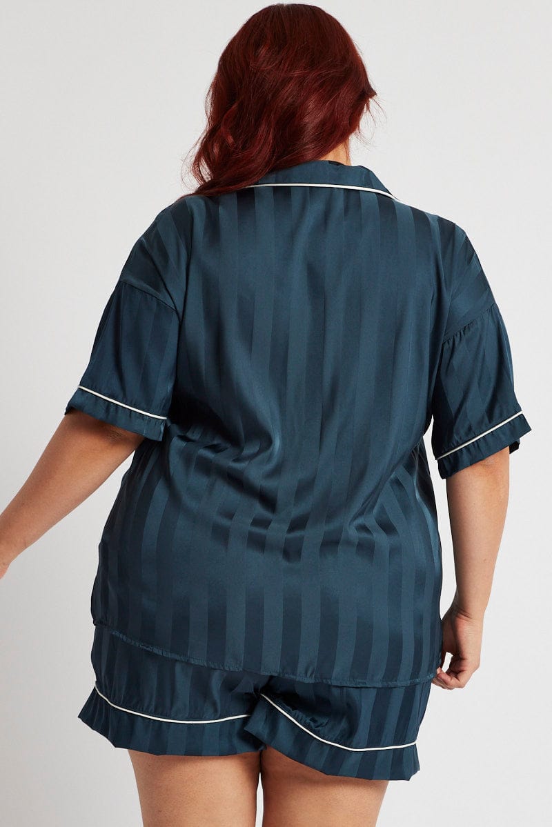 Blue Satin Pyjama Jacquard Stripe Piping PJ Set for YouandAll Fashion