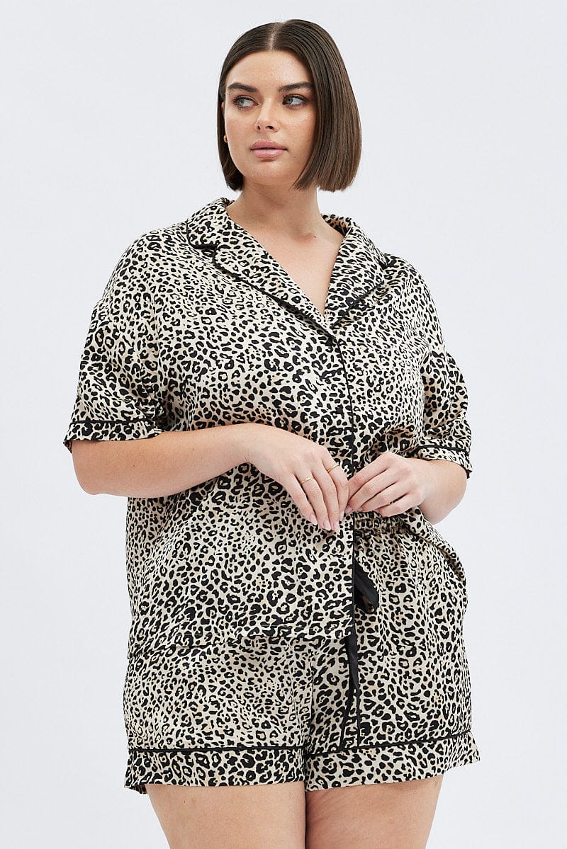 Multi Animal Print Leopard Pj Satin Set Piping Button Pyjama You