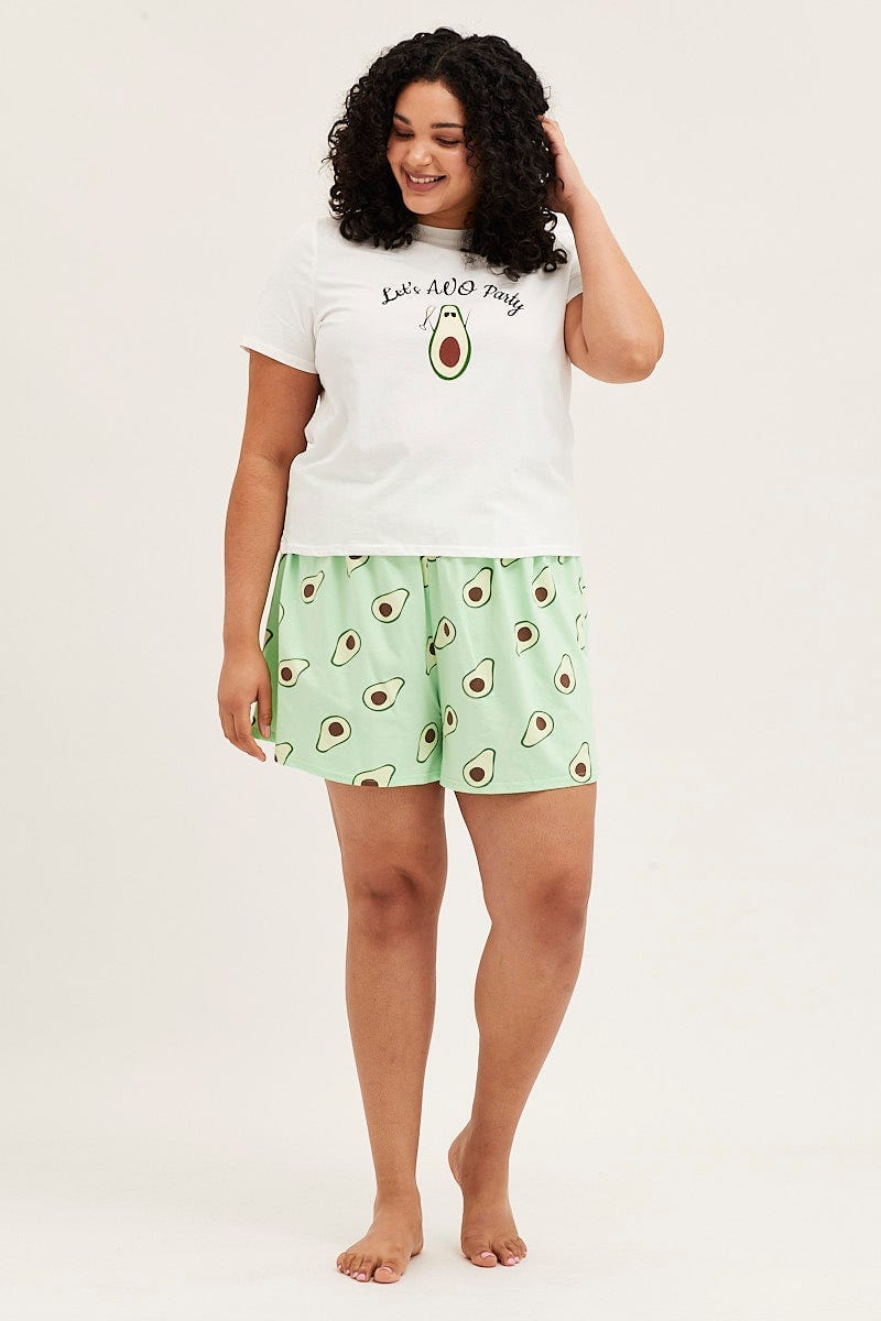 Placement Avocado Cotton Short Sleeve Top & Shorts Pj Set For Women By You And All