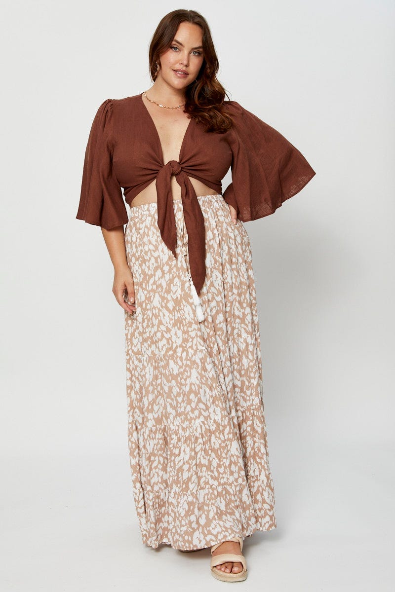 Brown Crop Borelo Short Sleeve Tie Up for Women by You and All