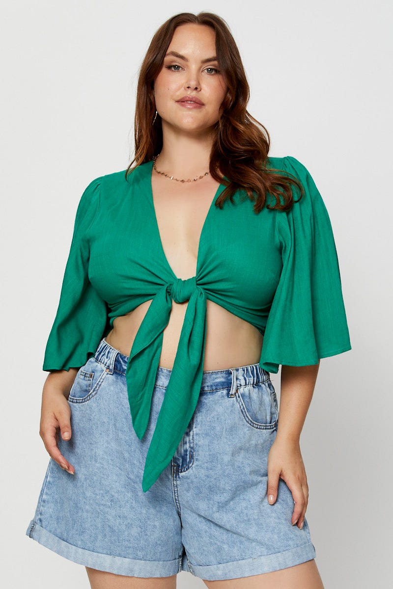 Green Crop Borelo Short Sleeve Tie Up For Women By You And All