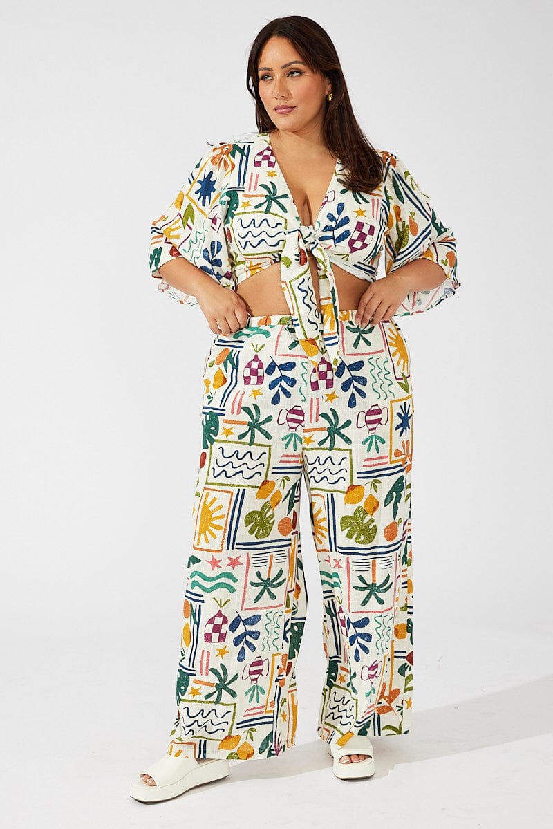 Multi Abstract Tie Front Bolero Top Linen Blend for YouandAll Fashion