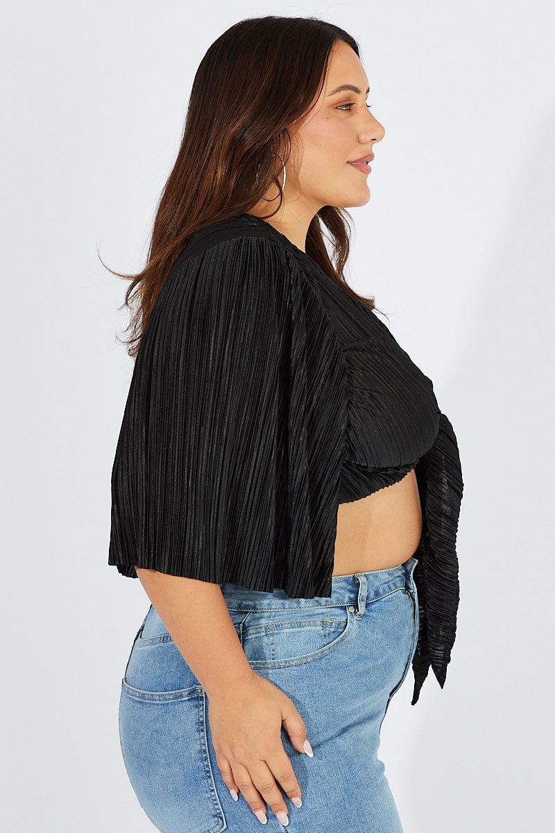 Black Plisse Satin Flare Sleeve Tie Bolero Top for YouandAll Fashion